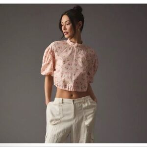 Anthropologie Cropped Bubble Sleeve Blouse Pink Floral Tie Back XXS